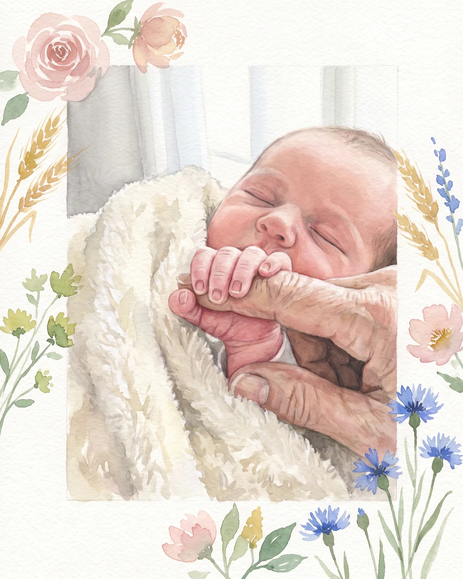 Aquarelle : un nouveau-né endormi serre le doigt de sa grand-mère