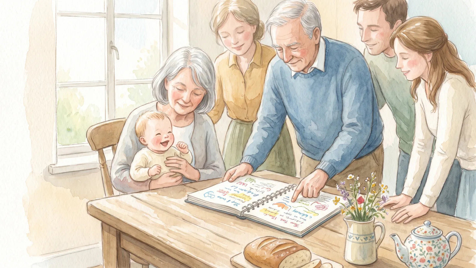 Aquarelle : un déjeuner de famille, le grand-père montre une page du livre ouvert
