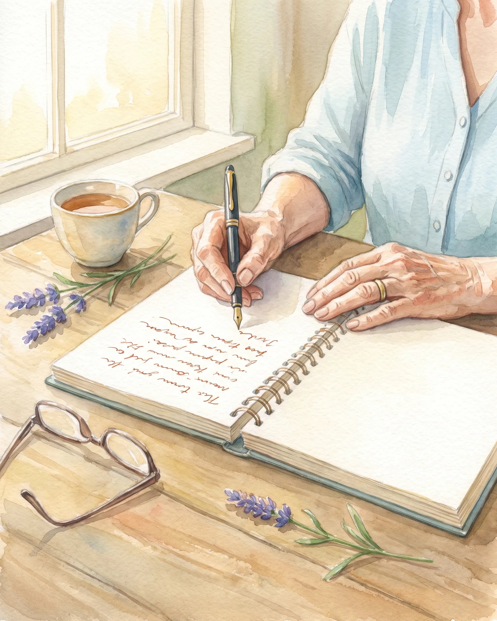 Aquarelle : les mains d'une grand-mère qui écrit au stylo plume dans le livre à spirale