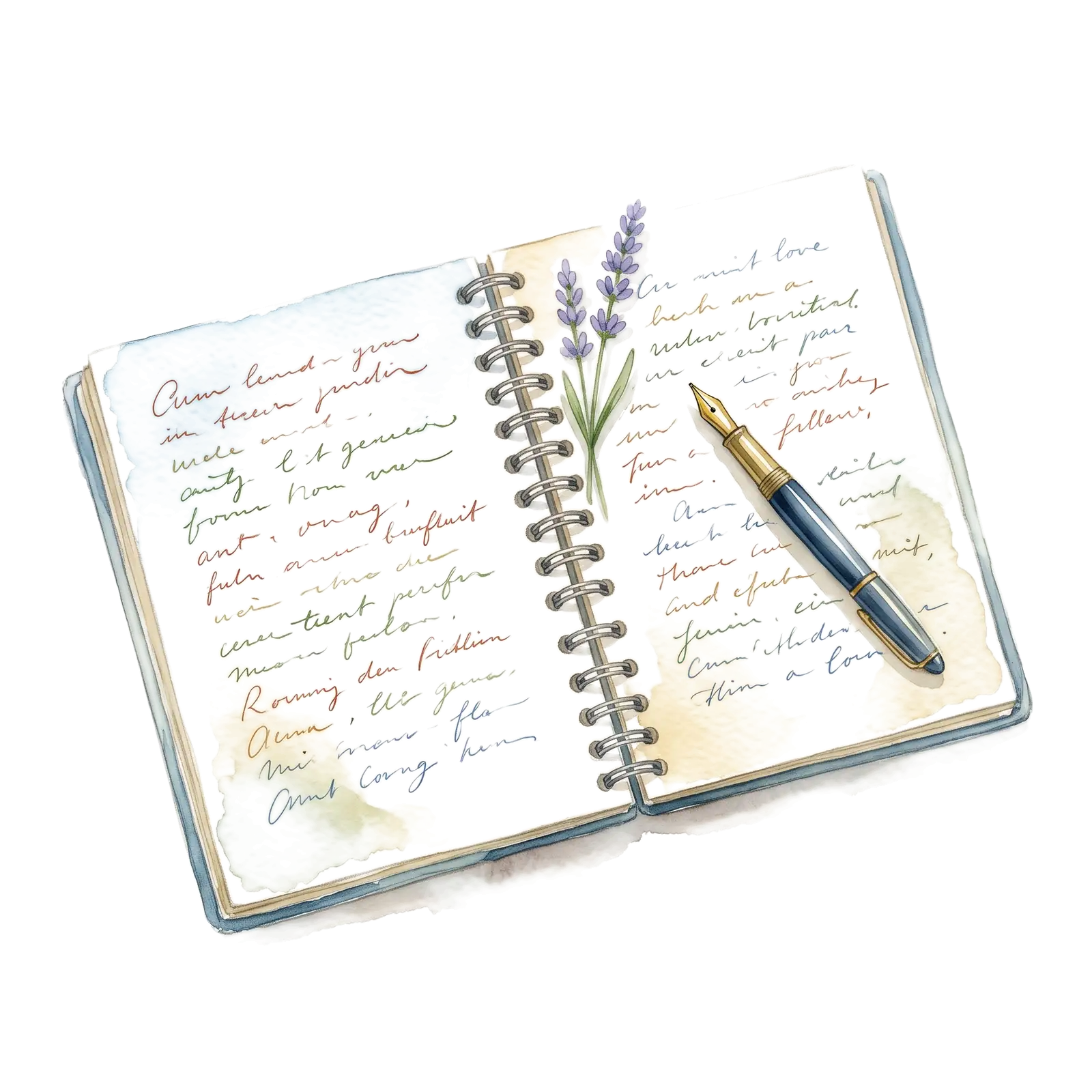 Un livre à spirale ouvert, couvert d'écritures de plusieurs couleurs, et un stylo plume
