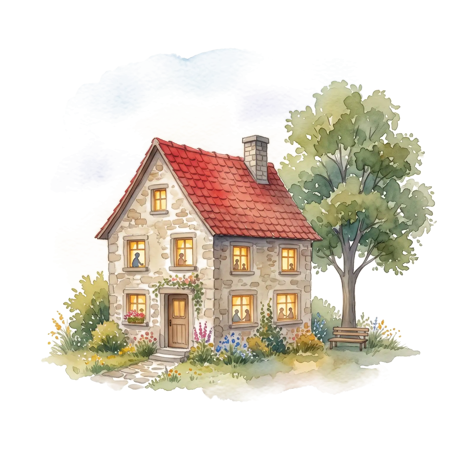 Une petite maison de pierre au toit rouge, toutes fenêtres allumées, à côté d'un tilleul