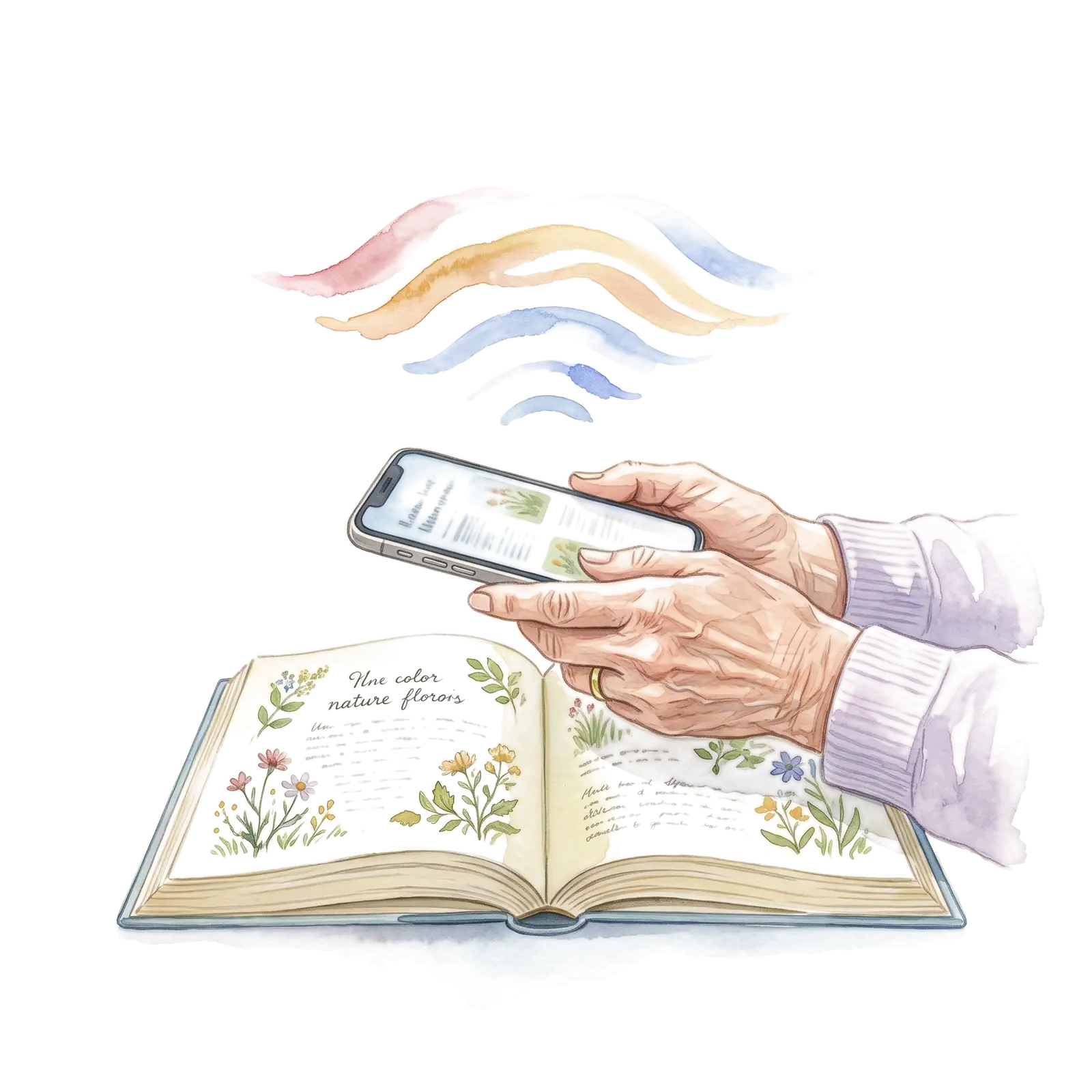 Les mains d'une grand-mère tiennent un téléphone au-dessus d'un livre ouvert, des ondes de couleur s'en échappent